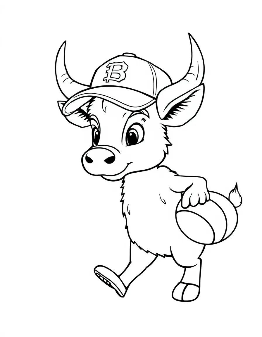 An ox wearing a tiny baseball cap, playing basketball.