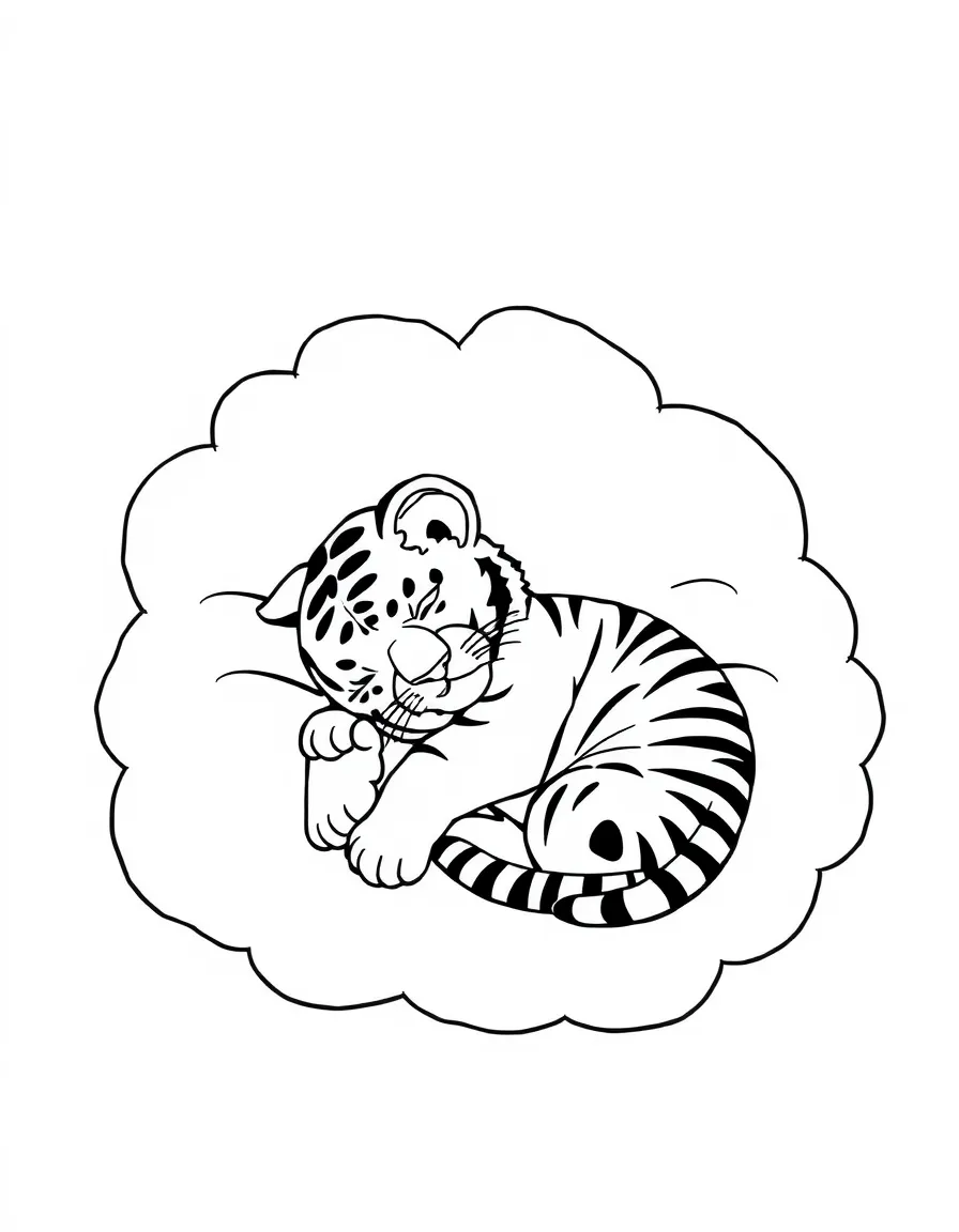 A tiger cub napping in a giant, fluffy cloud shaped like a animal.