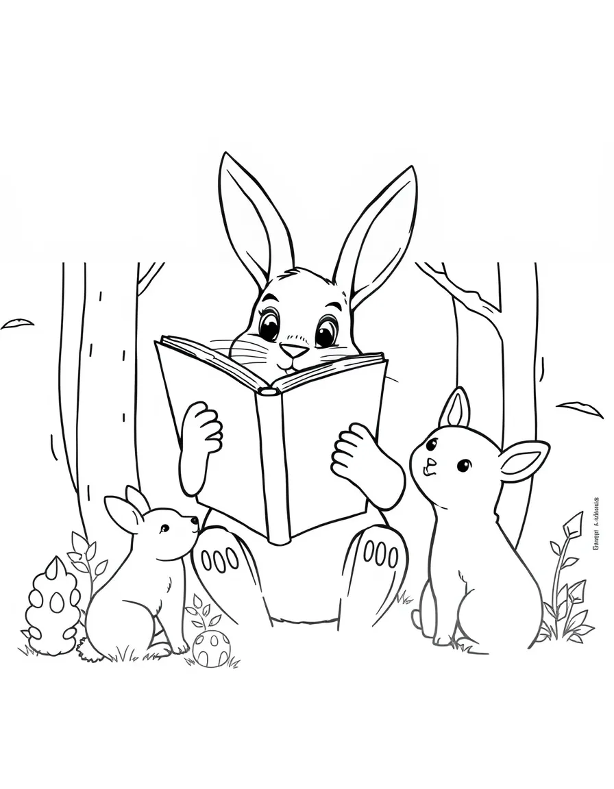 A rabbit holding a giant book, reading to forest animals.