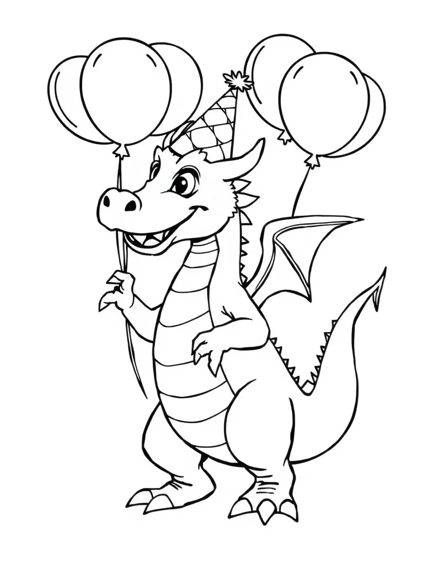 A dragon wearing a party hat, dancing with balloons.