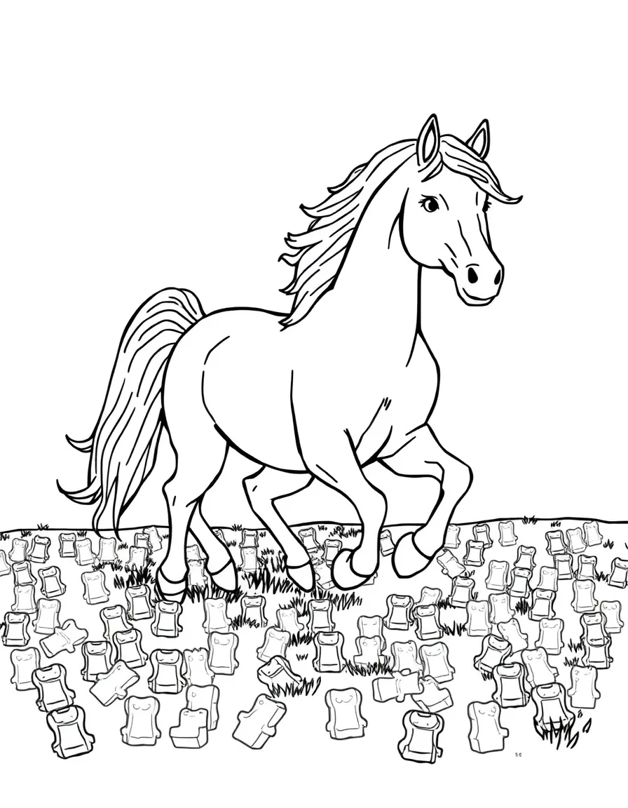 A horse with a flowing mane, galloping through a field of gummy bears.