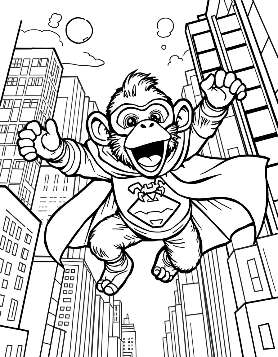A monkey dressed as a superhero, flying through the city.