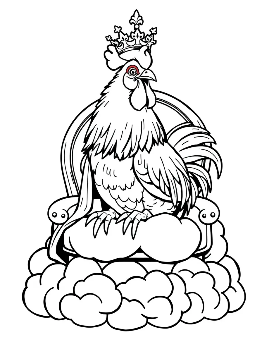 A rooster dressed as a king, sitting on a throne of fluffy clouds.