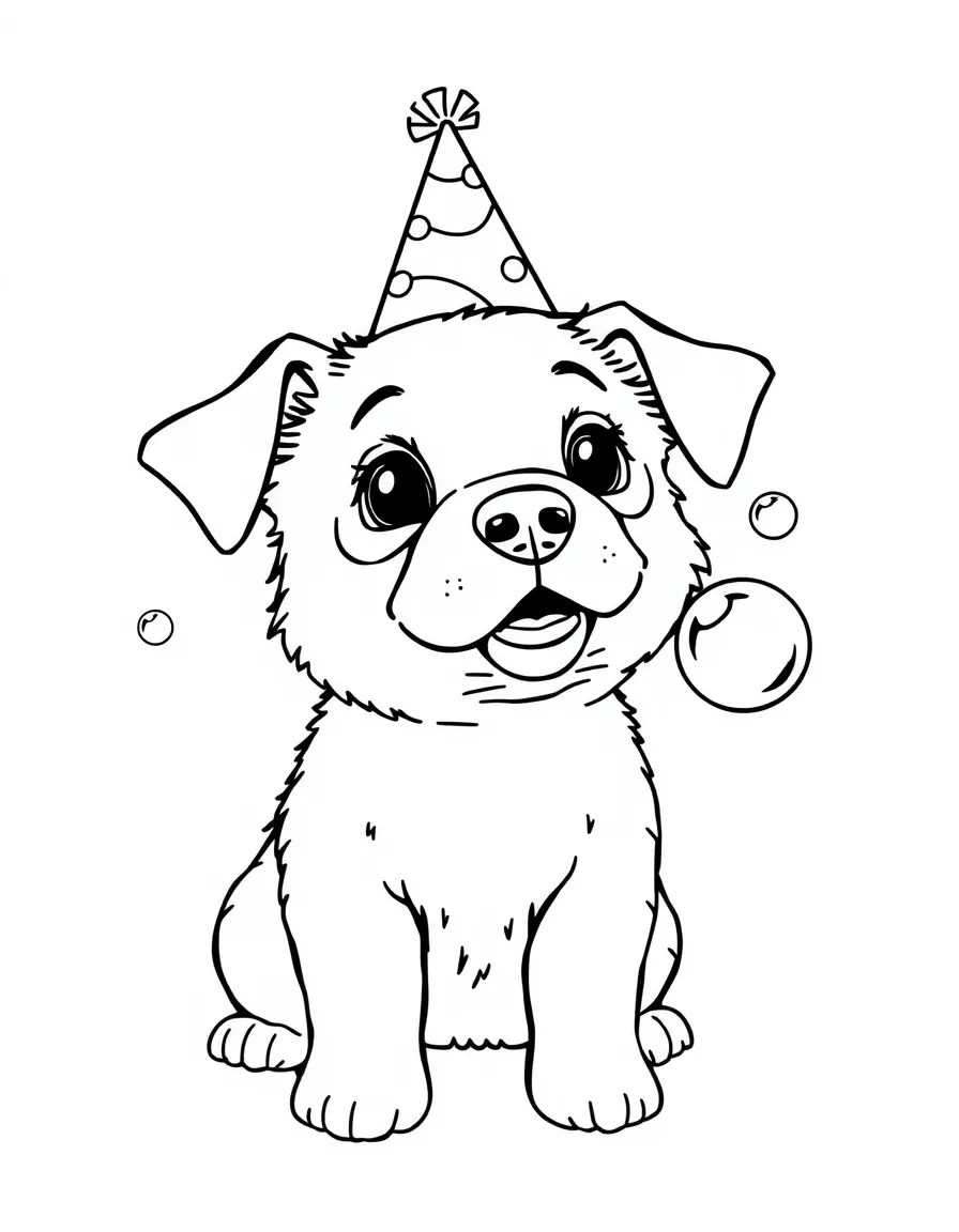 A dog wearing a tiny birthday hat, blowing bubbles.