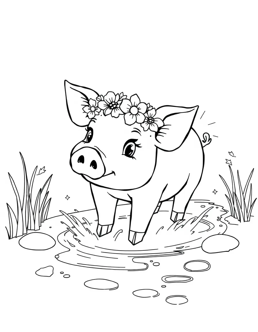 A pig wearing a tiny crown of flowers, playing in a sparkling stream.