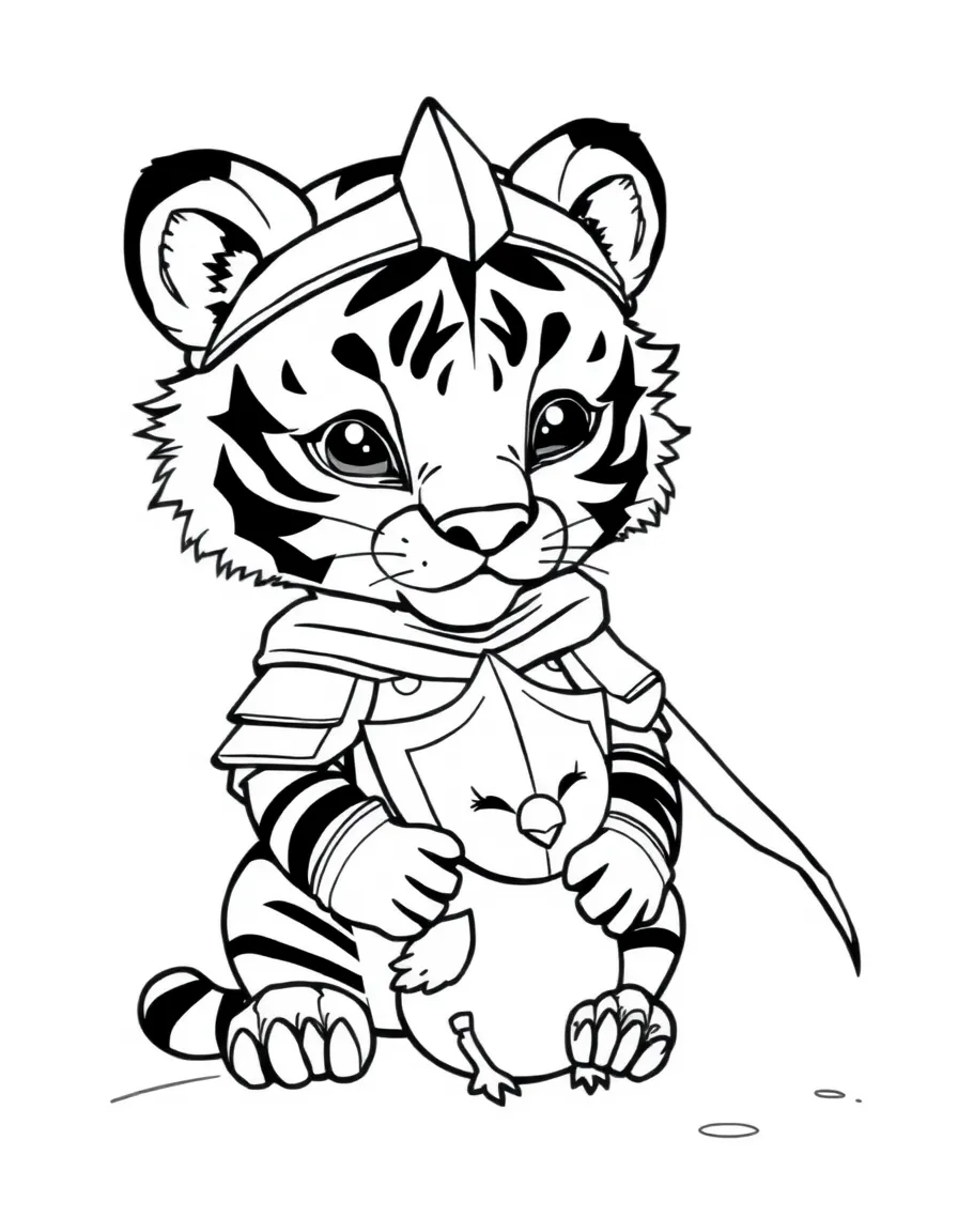 A tiger cub dressed as a knight, protecting a sleeping baby bird.