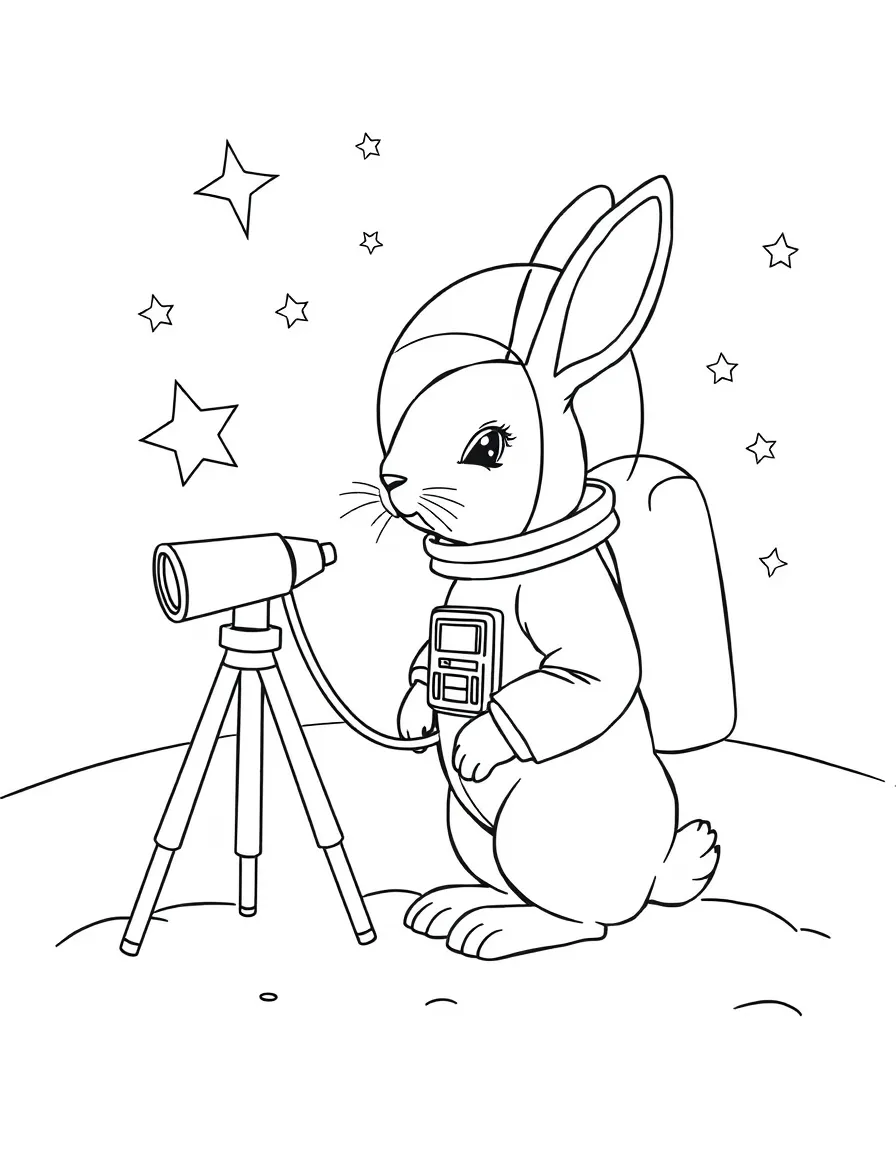 A rabbit dressed as an astronaut, looking at stars through a telescope.