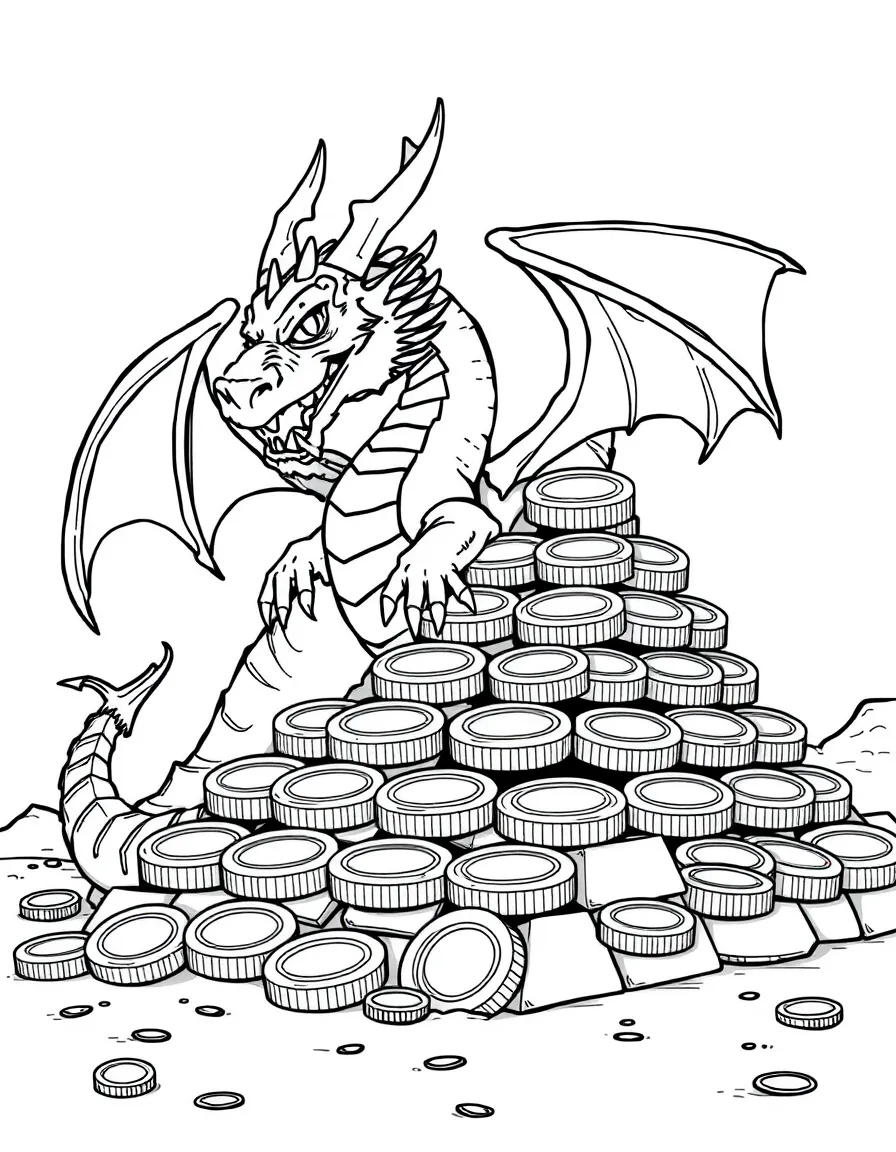 A dragon building a pyramid of giant chocolate coins.