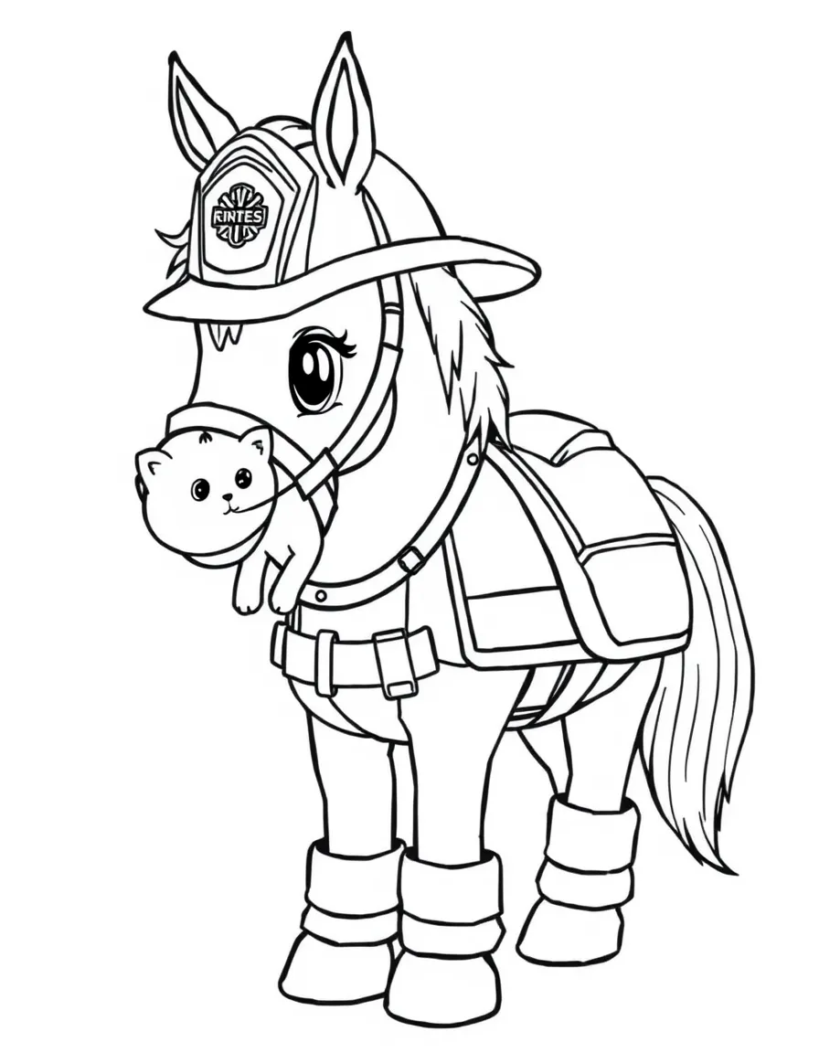 A horse dressed as a firefighter, carrying a small cat.