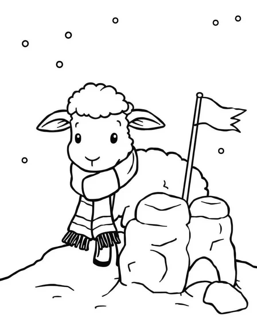 A sheep wearing a tiny scarf, building a snow fort with a flag.