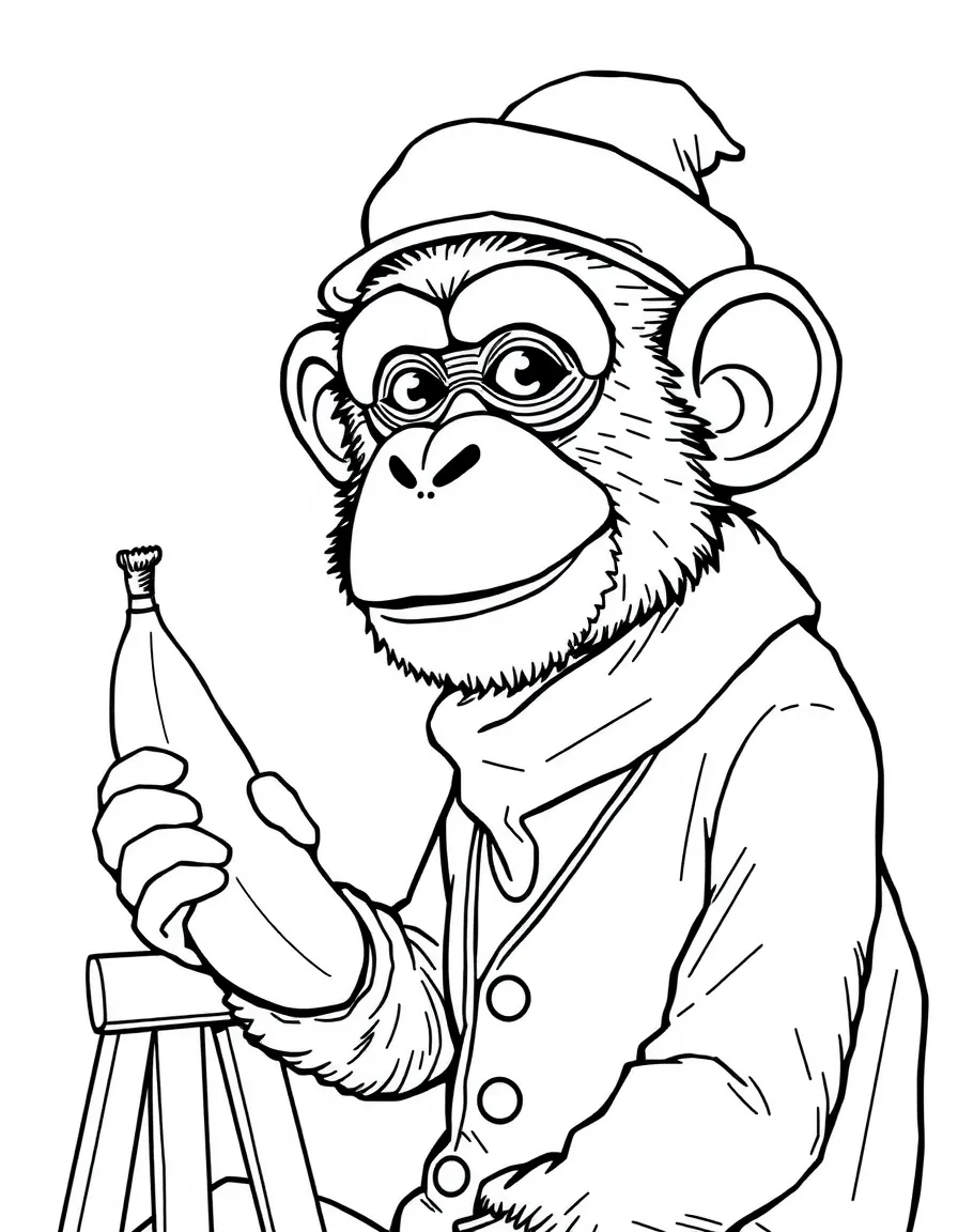 A monkey dressed as a painter, painting a self-portrait with a banana.