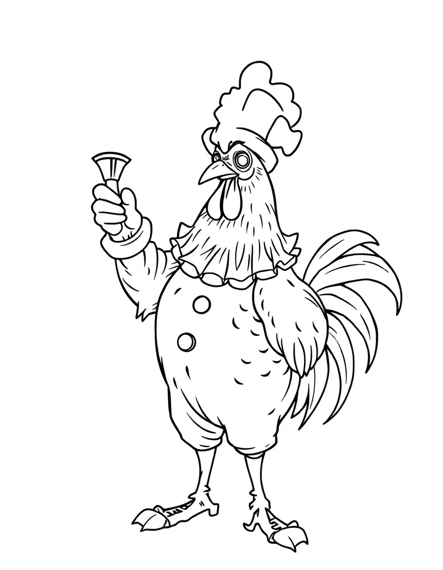 A rooster dressed as a clown, performing magic tricks.