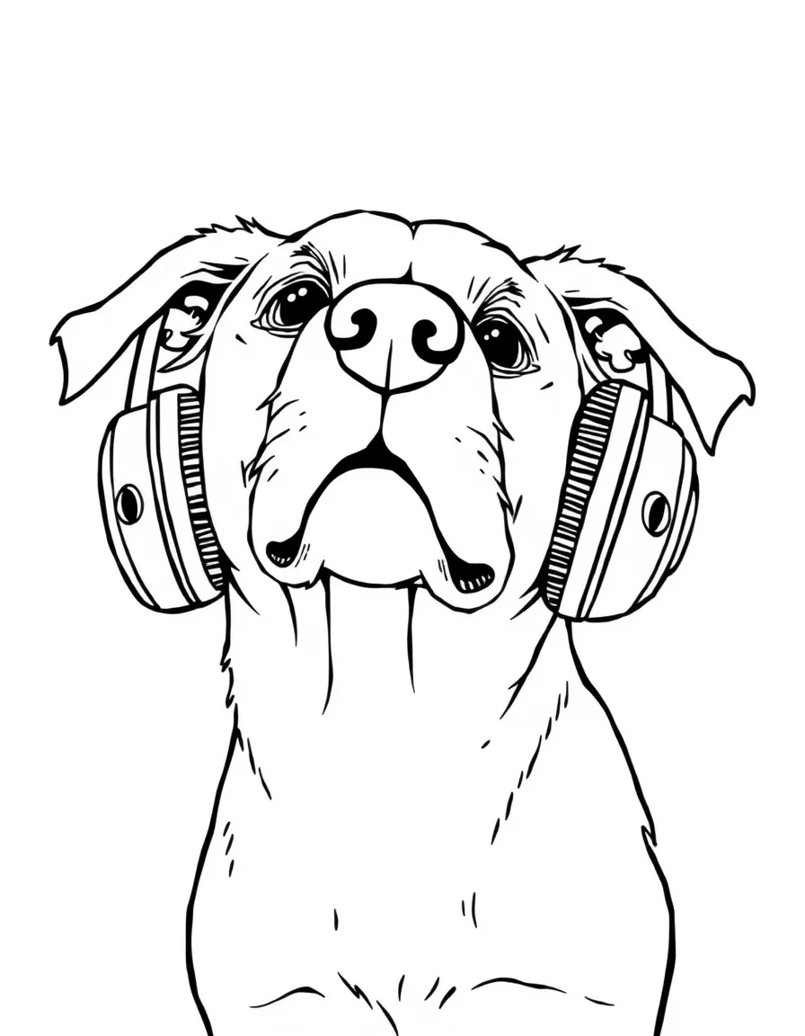 A dog wearing tiny earmuffs, listening to a podcast about bones.