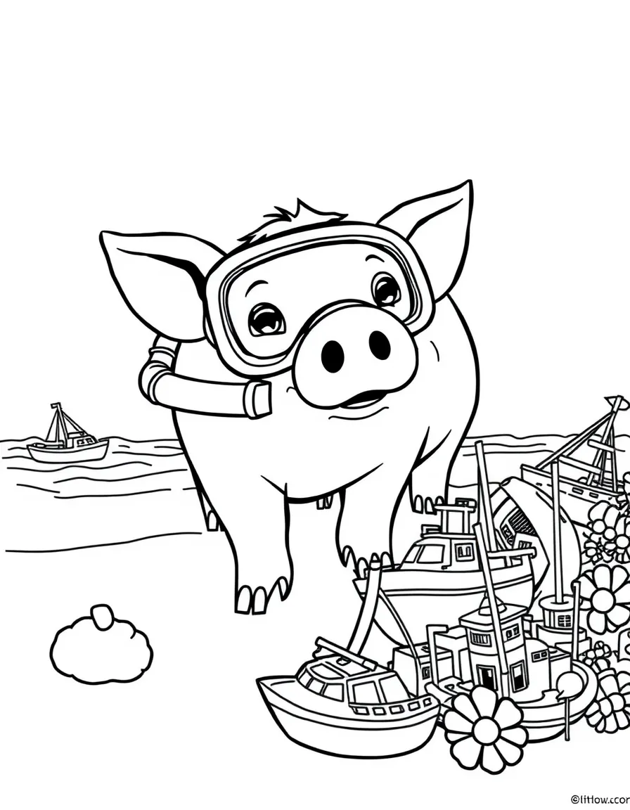 A pig wearing a tiny snorkel, exploring a shipwreck of toy boats.