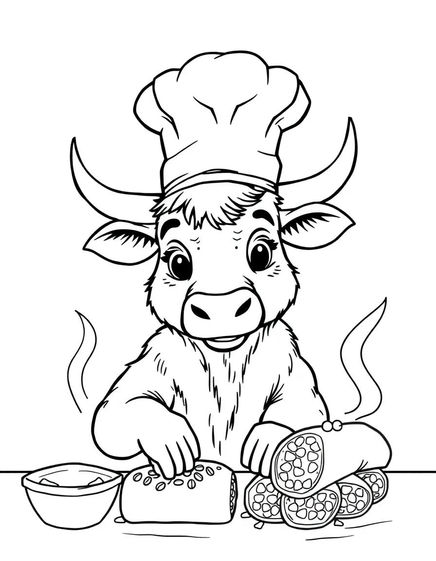 An ox wearing a tiny chef's hat, making giant burritos.
