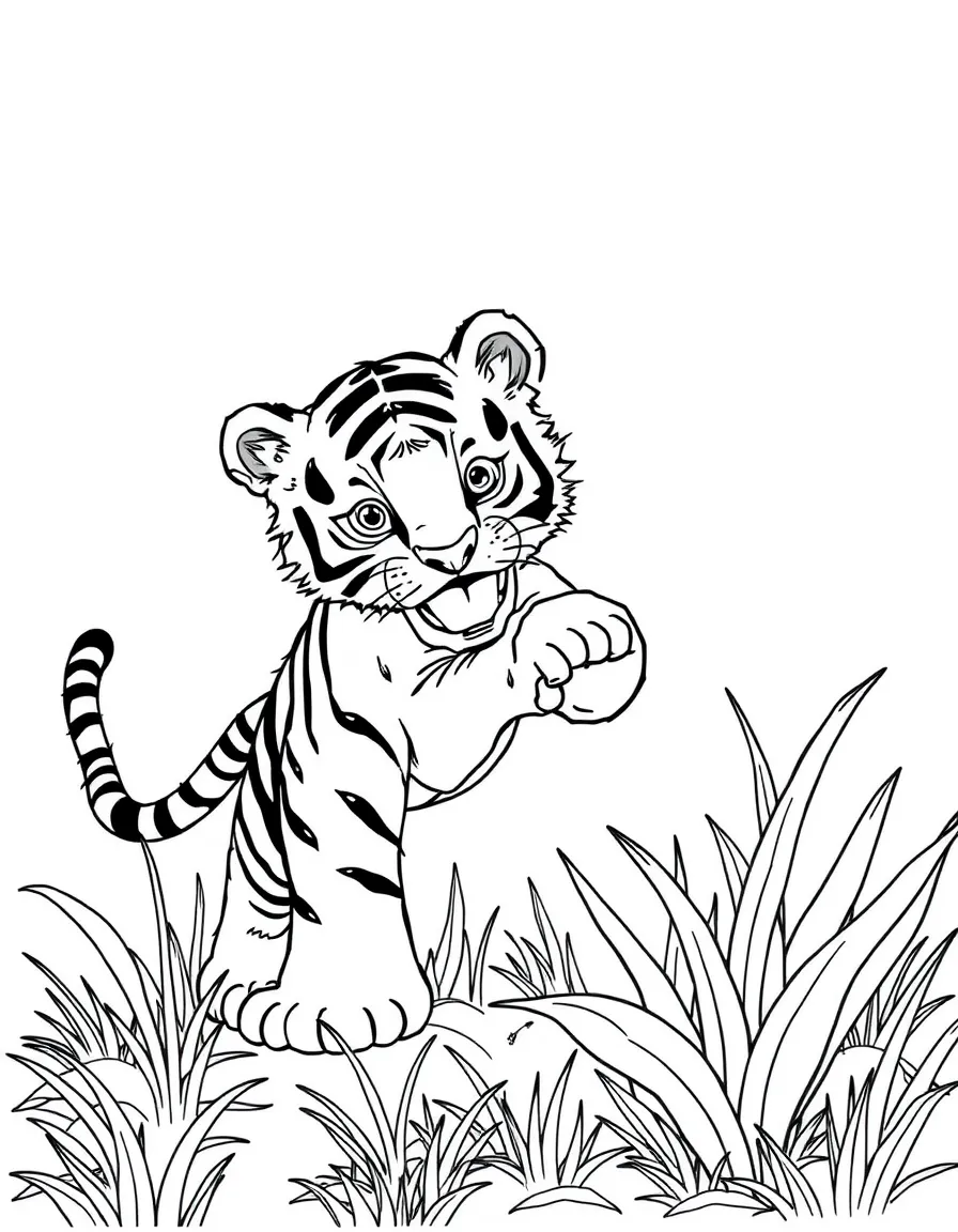 A tiger cub chasing a giant, friendly grasshopper.