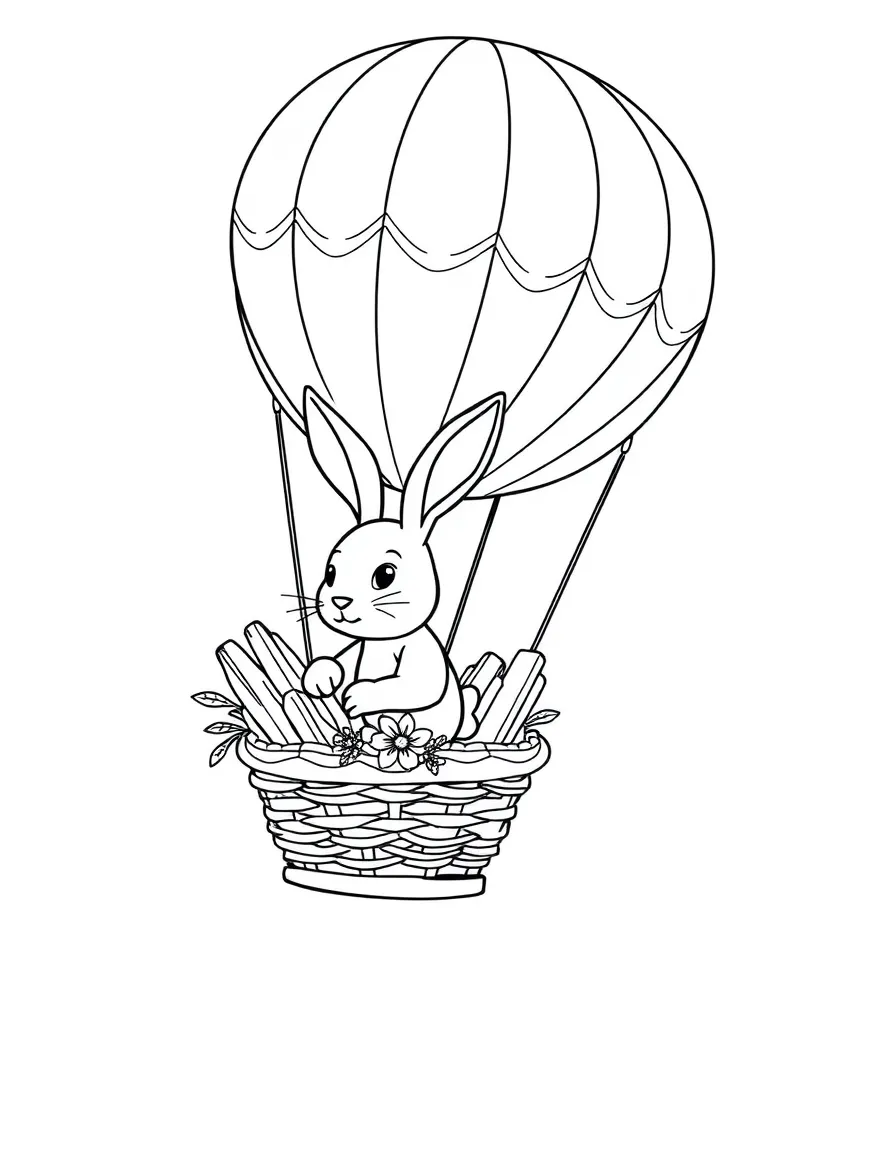 A rabbit riding a hot air balloon with a basket of sandwiches.