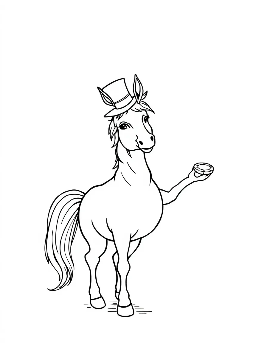 A horse wearing a tiny top hat, performing a juggling act.
