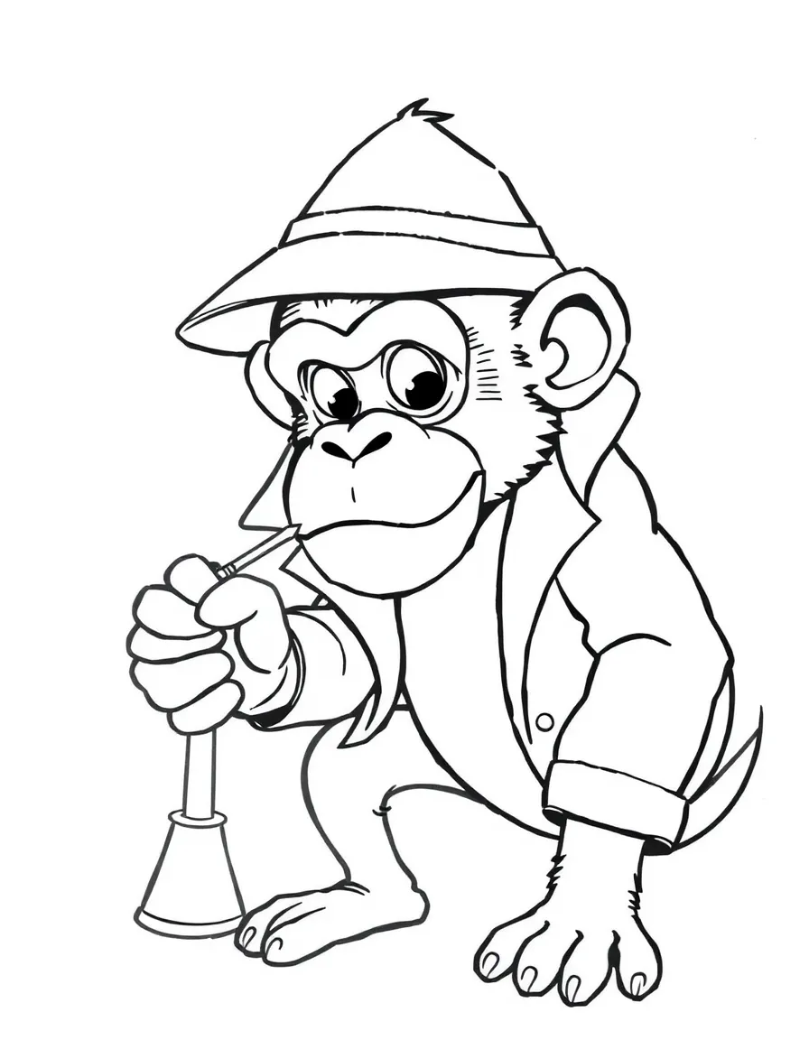A monkey dressed as a detective, examining a mystery object.