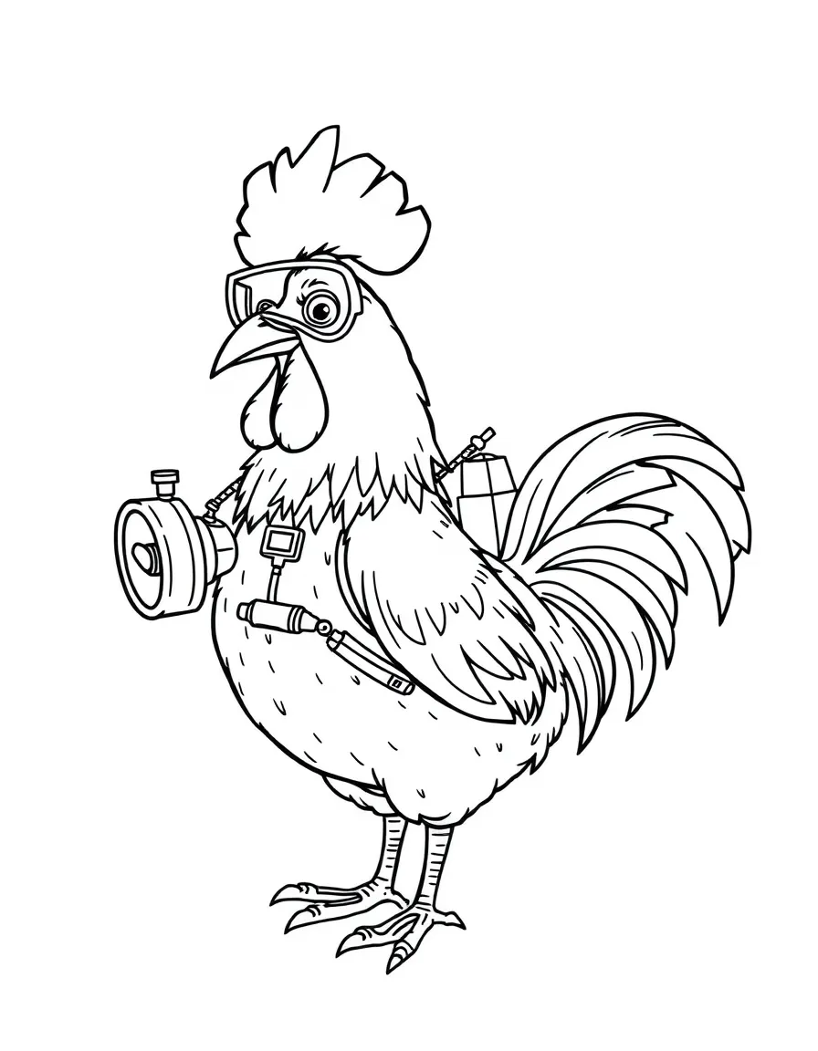 A rooster dressed as a scientist, inventing a flying contraption.