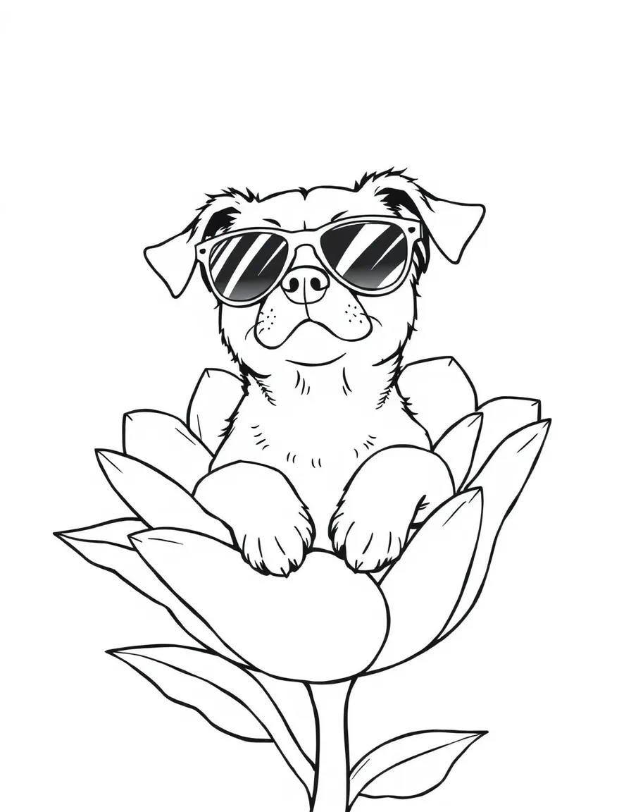 A dog wearing tiny sunglasses, relaxing in a giant flower.