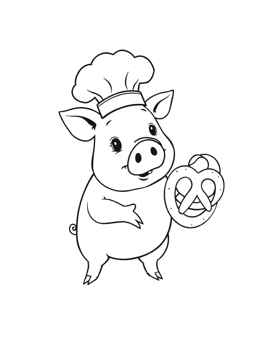 A pig wearing a tiny chef's hat, serving giant pretzels.