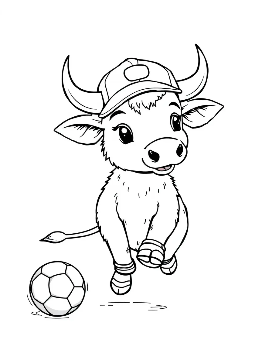An ox wearing a tiny baseball cap, playing soccer.