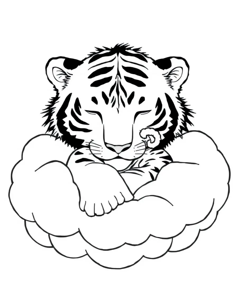 A tiger cub napping in a giant, fluffy cloud shaped like a tiger.