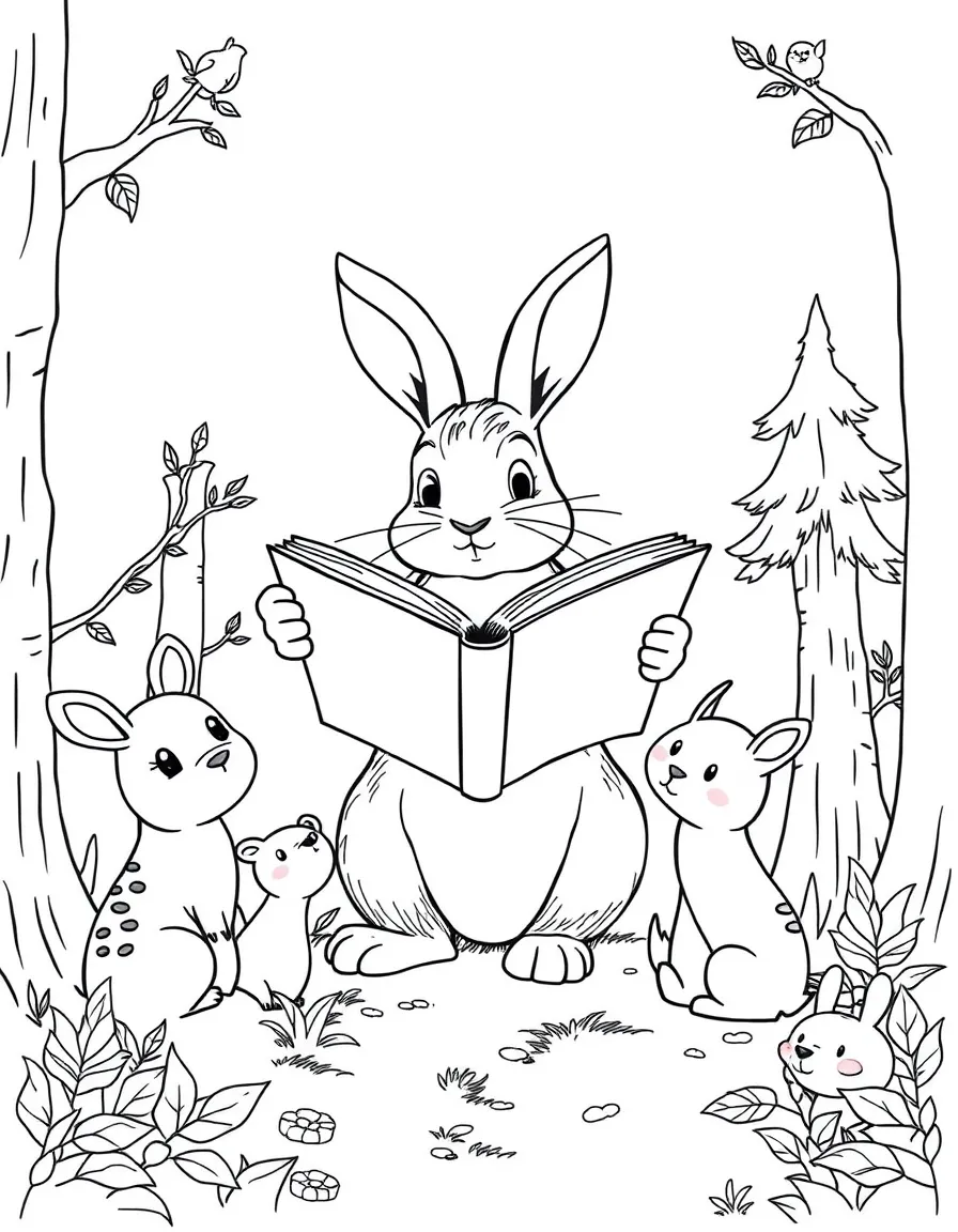 A rabbit holding a giant book, telling stories to forest animals.