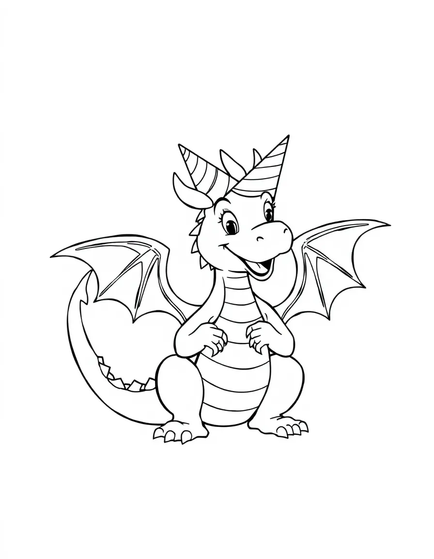 A dragon wearing a party hat, playing charades.