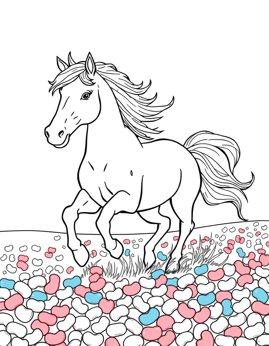 A horse with a flowing mane, galloping through a field of jelly beans.