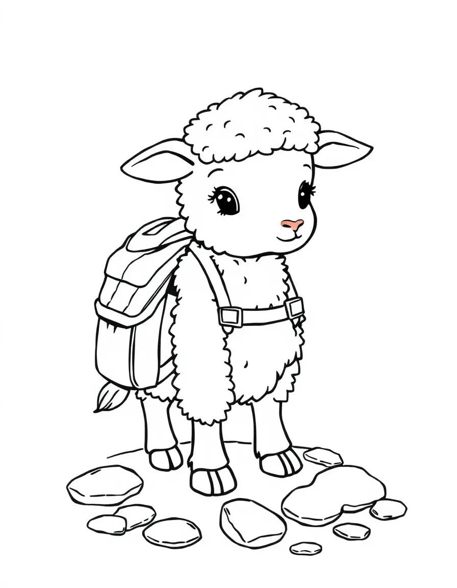 A sheep wearing a tiny backpack, collecting smooth river stones.