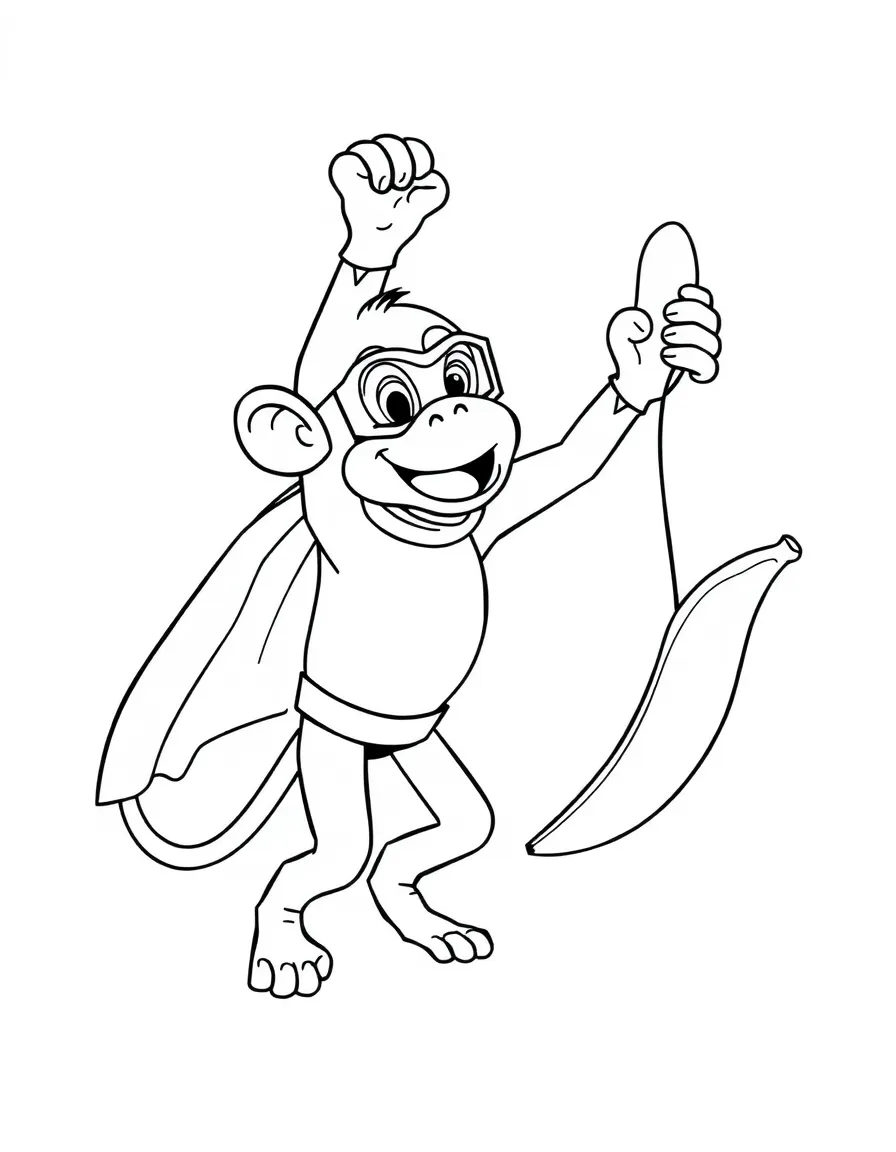 A monkey dressed as a superhero, saving a banana from falling.
