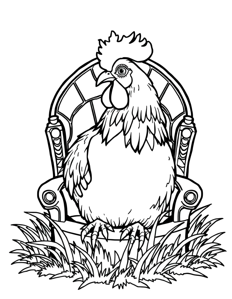 A rooster dressed as a king, sitting on a throne of soft grass.