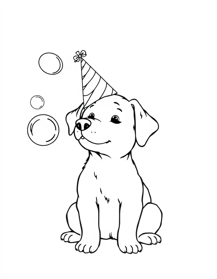 A dog wearing a tiny birthday hat, blowing bubbles that form into shapes.