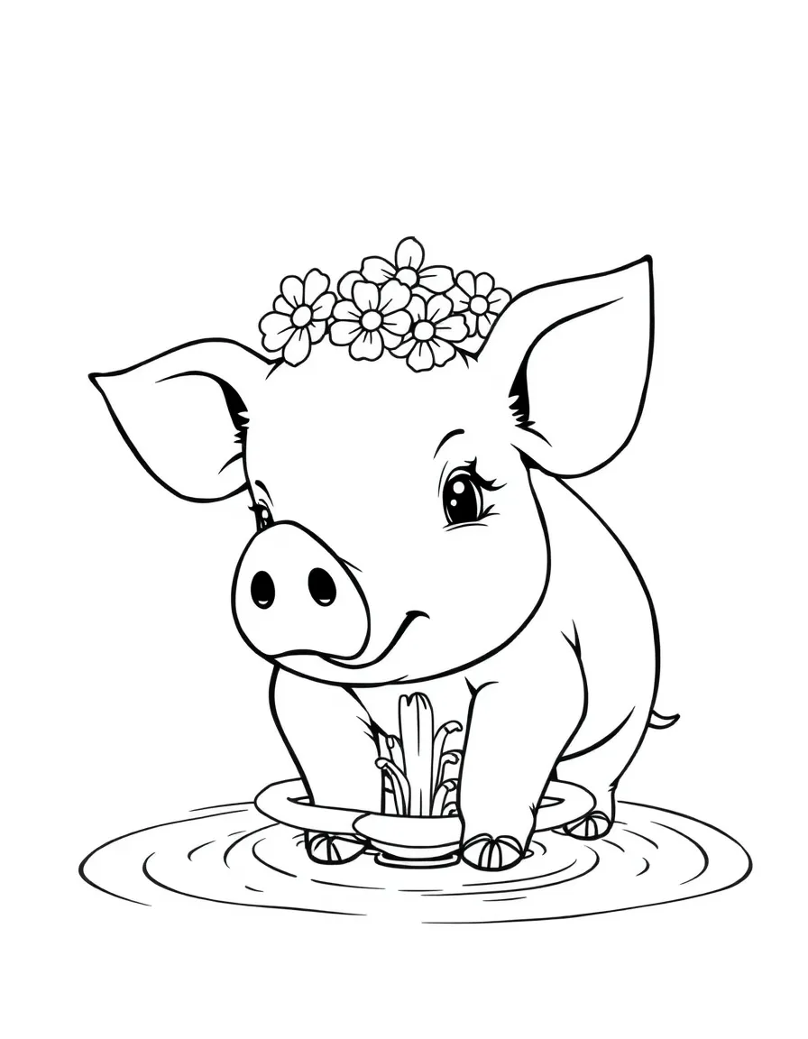 A pig wearing a tiny crown of flowers, playing in a gentle fountain.