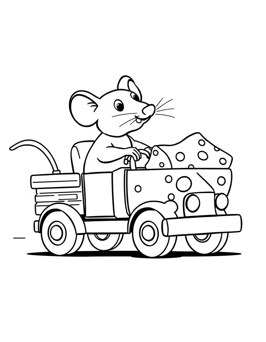 A rat driving a tiny truck full of cheese.