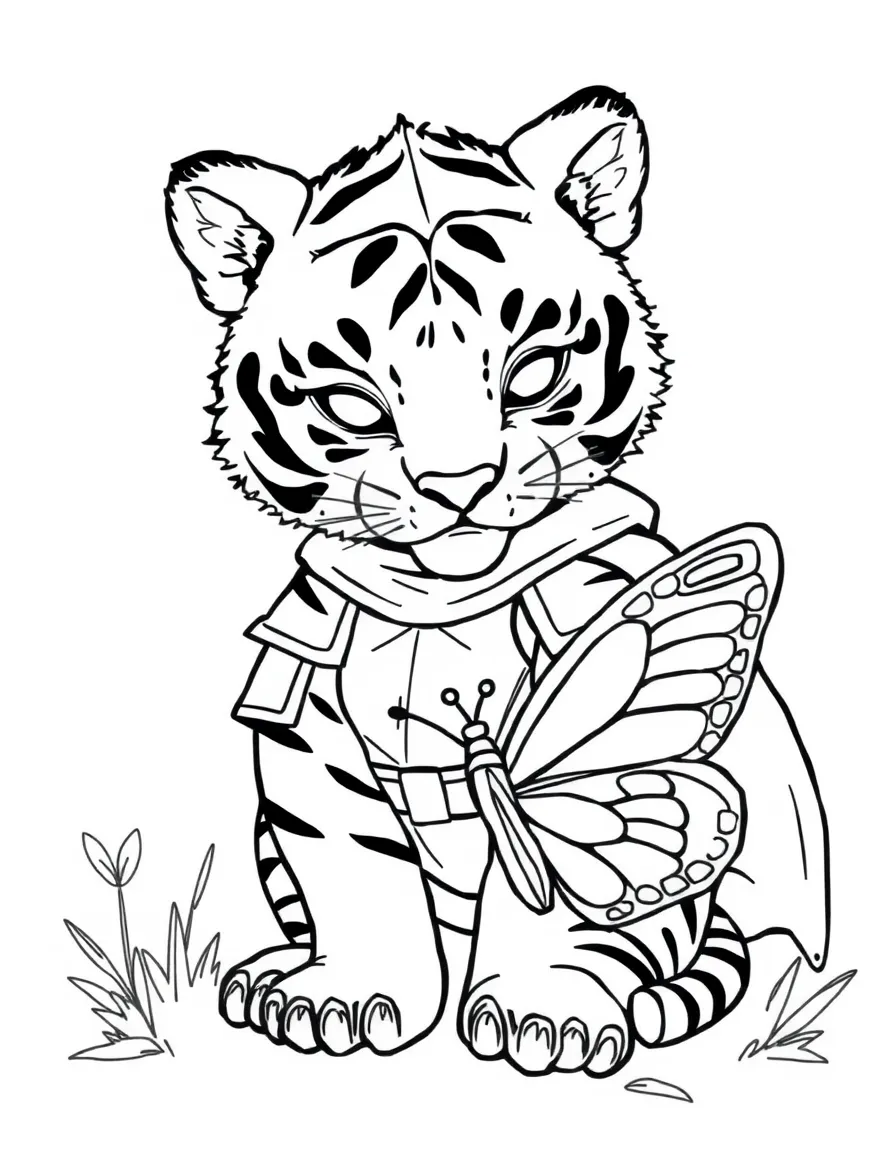 A tiger cub dressed as a knight, protecting a sleeping butterfly.