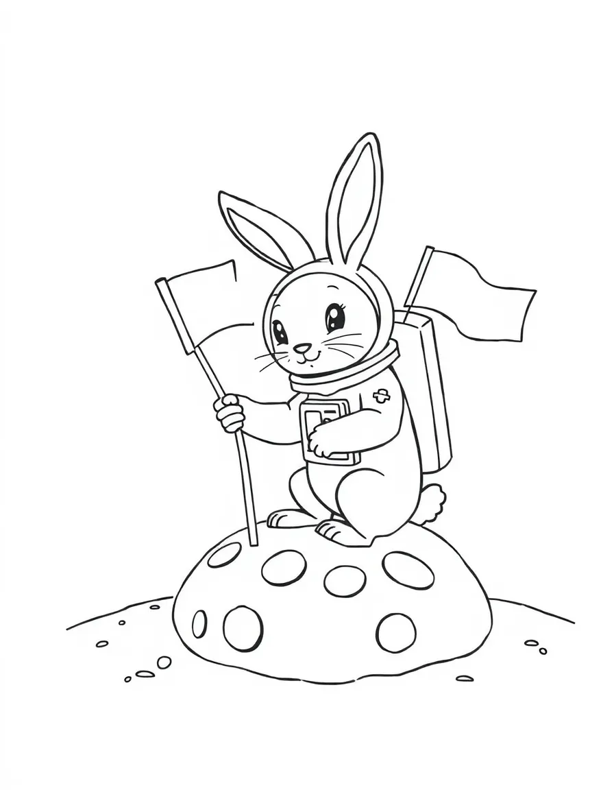 A rabbit dressed as an astronaut, planting a flag on a moon made of cheese.