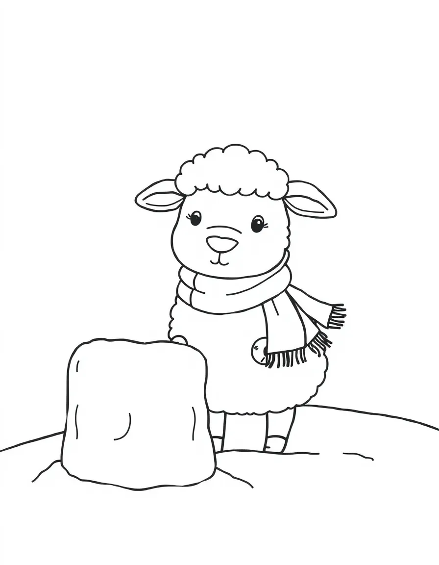 A sheep wearing a tiny scarf, building a snow fort with a carrot nose and button eyes.