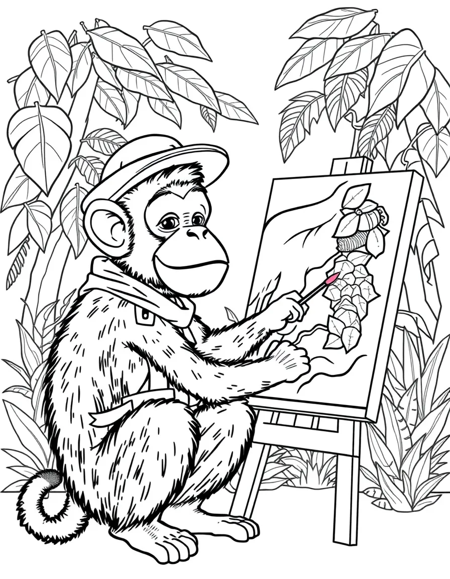 A monkey dressed as a painter, painting a mural of a jungle.