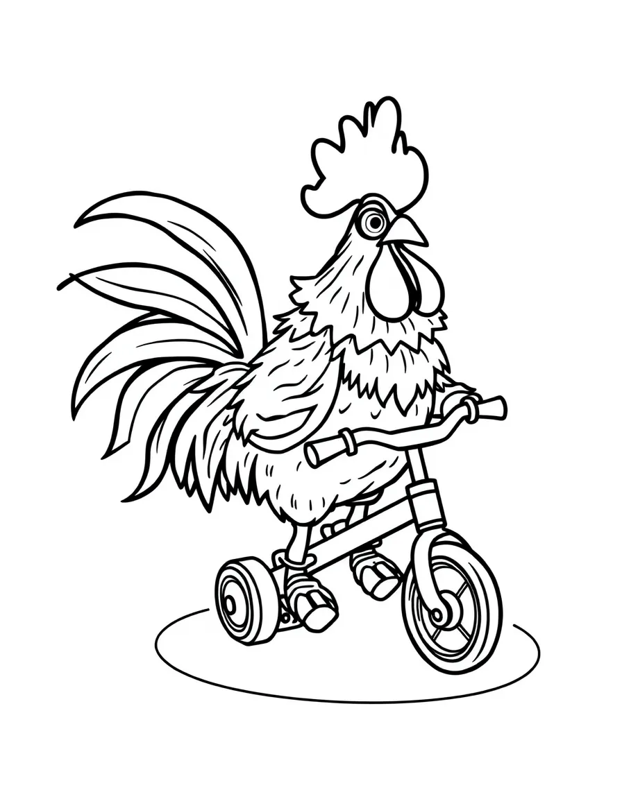 A rooster dressed as a clown, riding a tiny tricycle in circles.