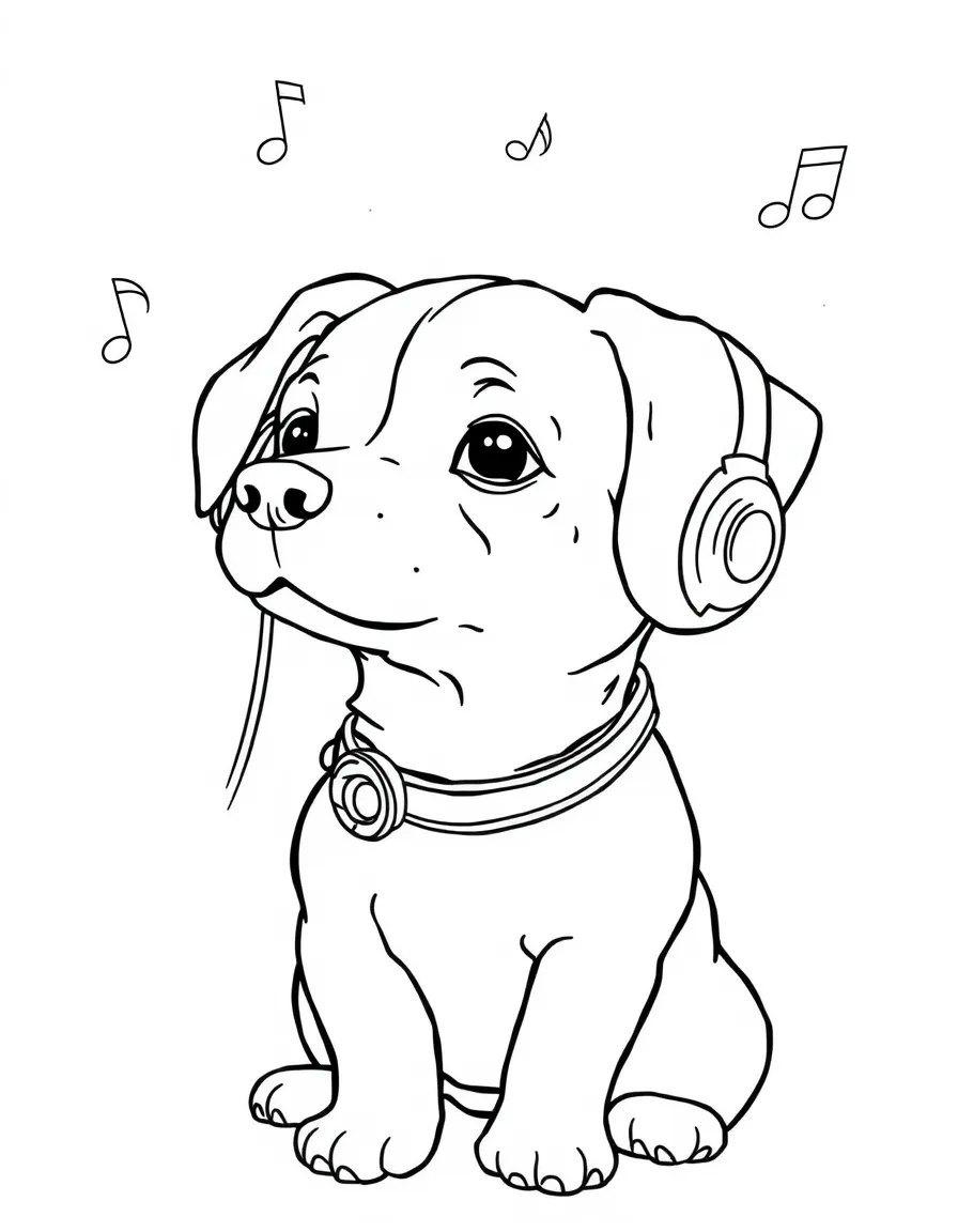 A dog wearing tiny earmuffs, listening to classical music.