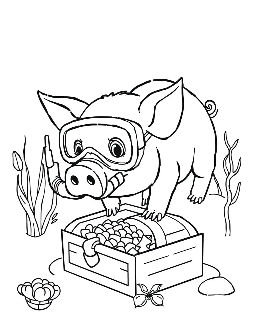A pig wearing a tiny snorkel, exploring a treasure chest at the bottom of a pond.