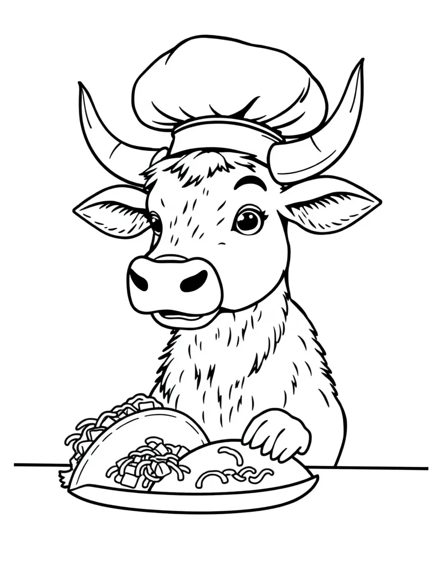 An ox wearing a tiny chef's hat, making giant tacos.