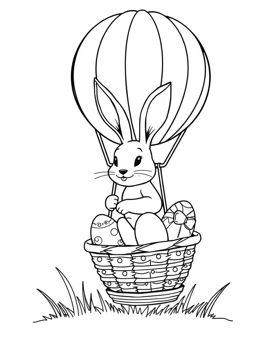 A rabbit riding a hot air balloon with a basket of painted eggs.