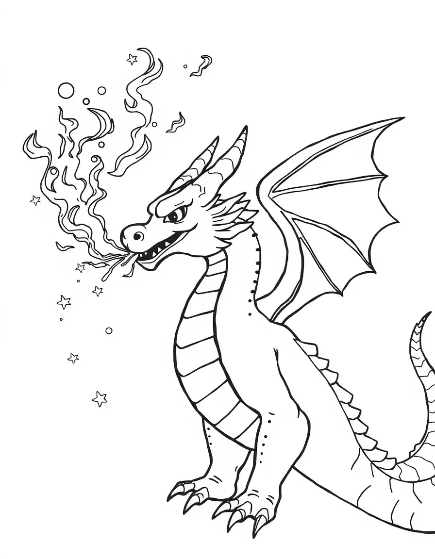 A dragon blowing fire that makes colorful smoke and sparkles.