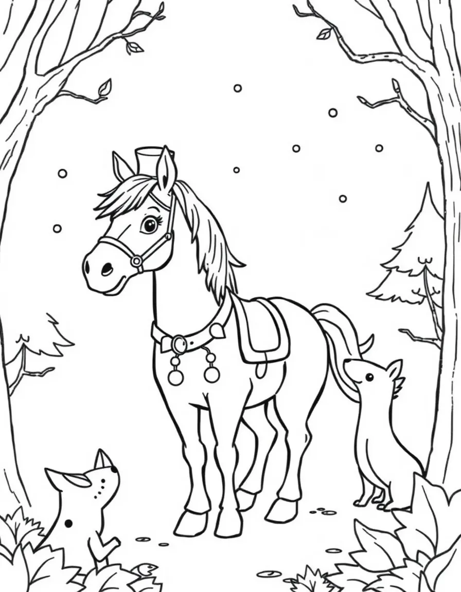 A horse wearing a tiny top hat, doing a magic show for forest animals.