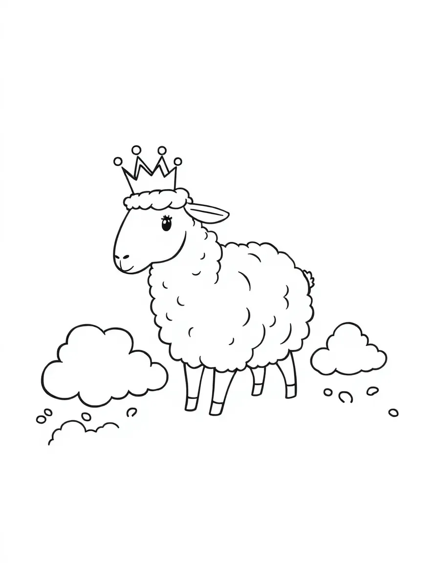 A sheep wearing a tiny crown, leading a procession of tiny, fluffy clouds.