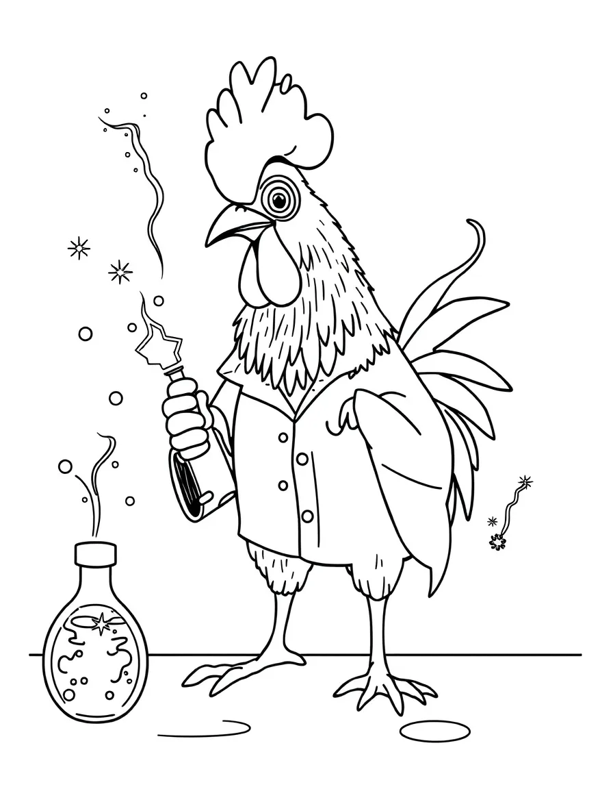 A rooster dressed as a scientist, creating a fizzy, colorful experiment.